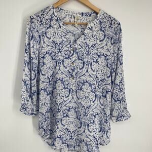 Grand & Greene Top Women’s Small Blue & White Bohemian Peasant Flowy Feminine